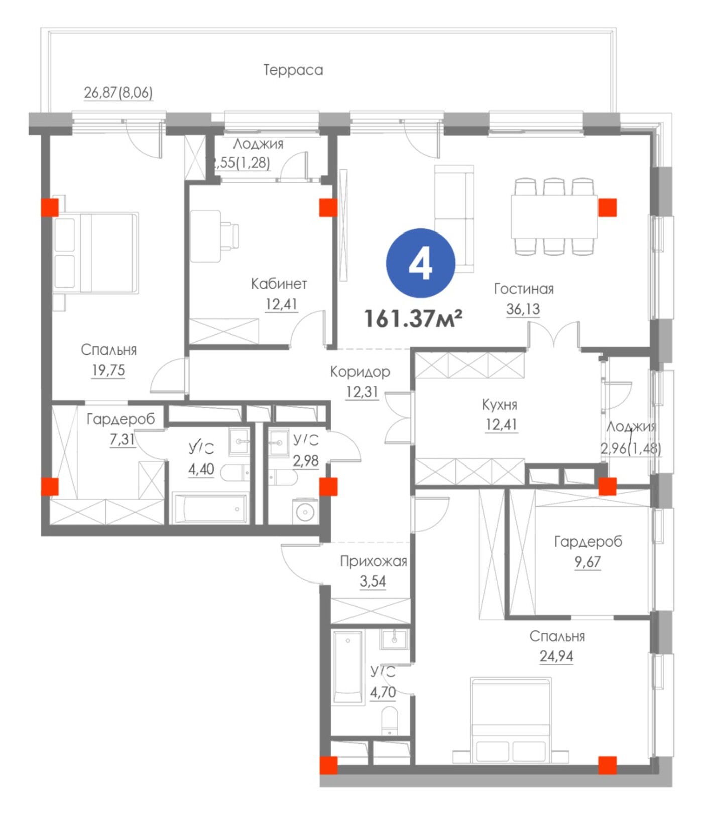 Планировка 4-комнатной квартиры 161,37 м²